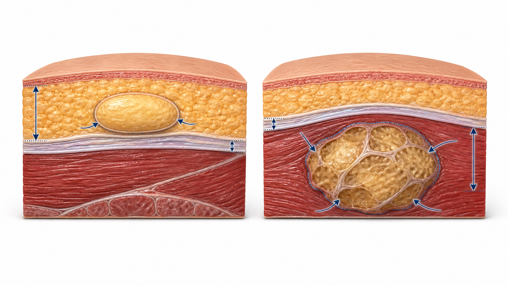 Comparação entre lipoma superficial homogêneo e massa profunda heterogênea dentro do músculo.