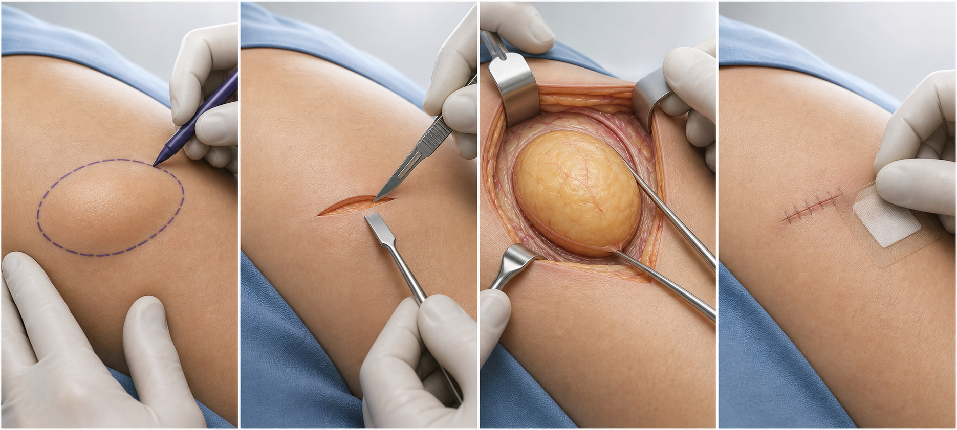 Sequência ilustrada mostrando marcação, incisão, dissecção e fechamento após retirada de lipoma.