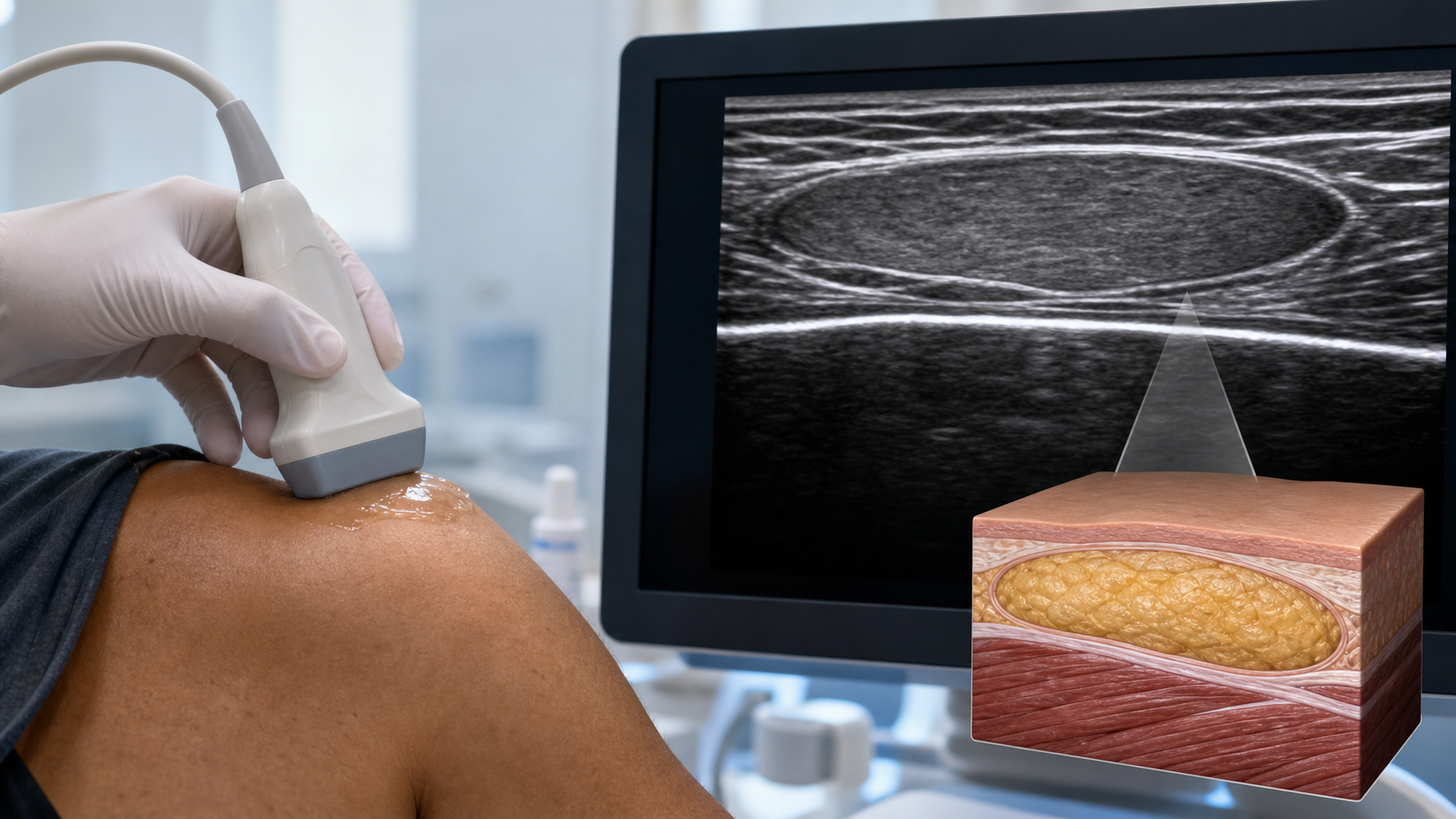 Exame de ultrassom no ombro com imagem de massa subcutânea bem delimitada acima da fáscia.