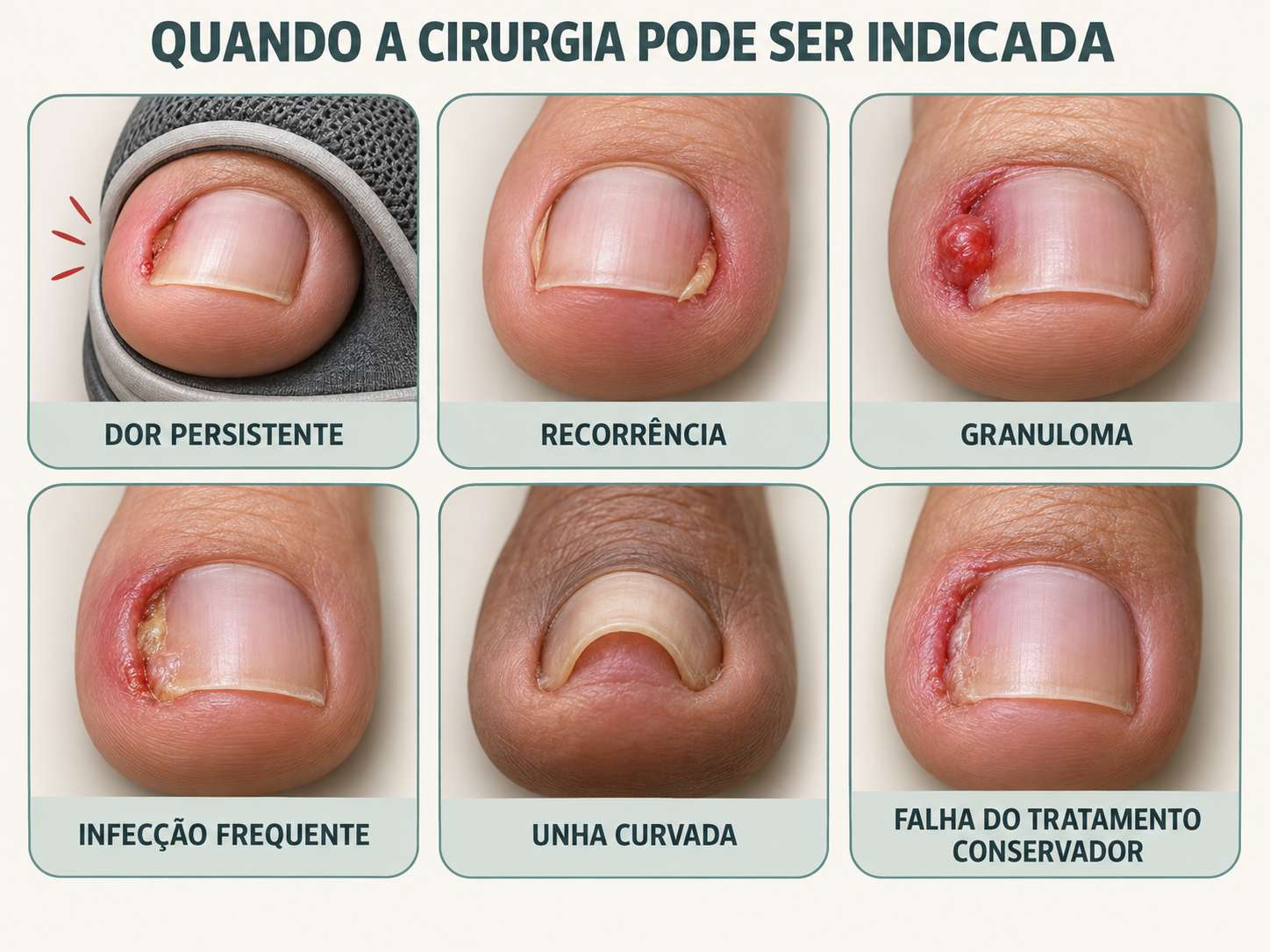 Infografia com dor persistente, recorrência, granuloma, infecção frequente, unha curvada e falha do tratamento conservador como possíveis indicações cirúrgicas