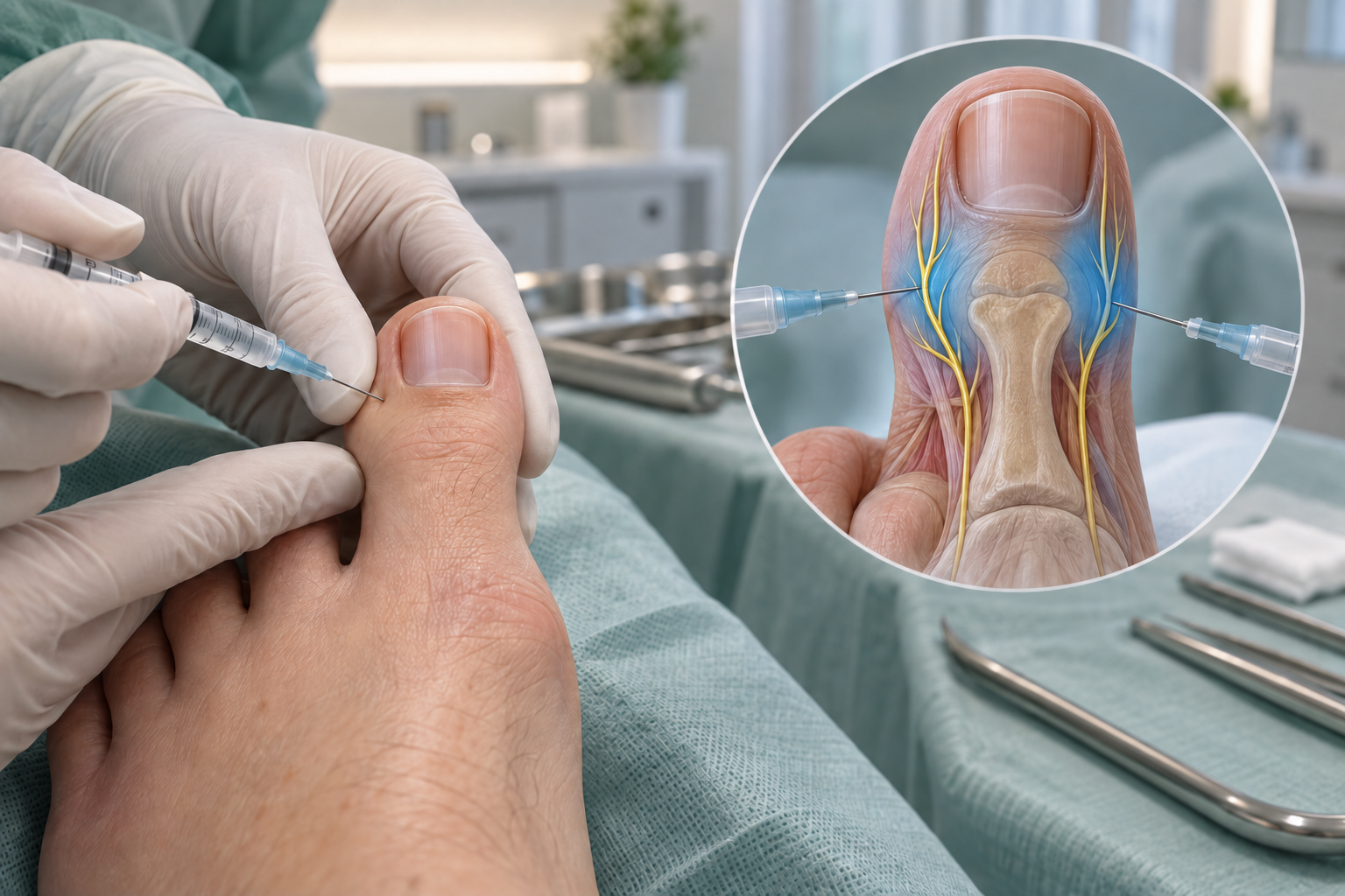 Anestesia local para bloqueio dos nervos digitais antes da cirurgia de unha encravada