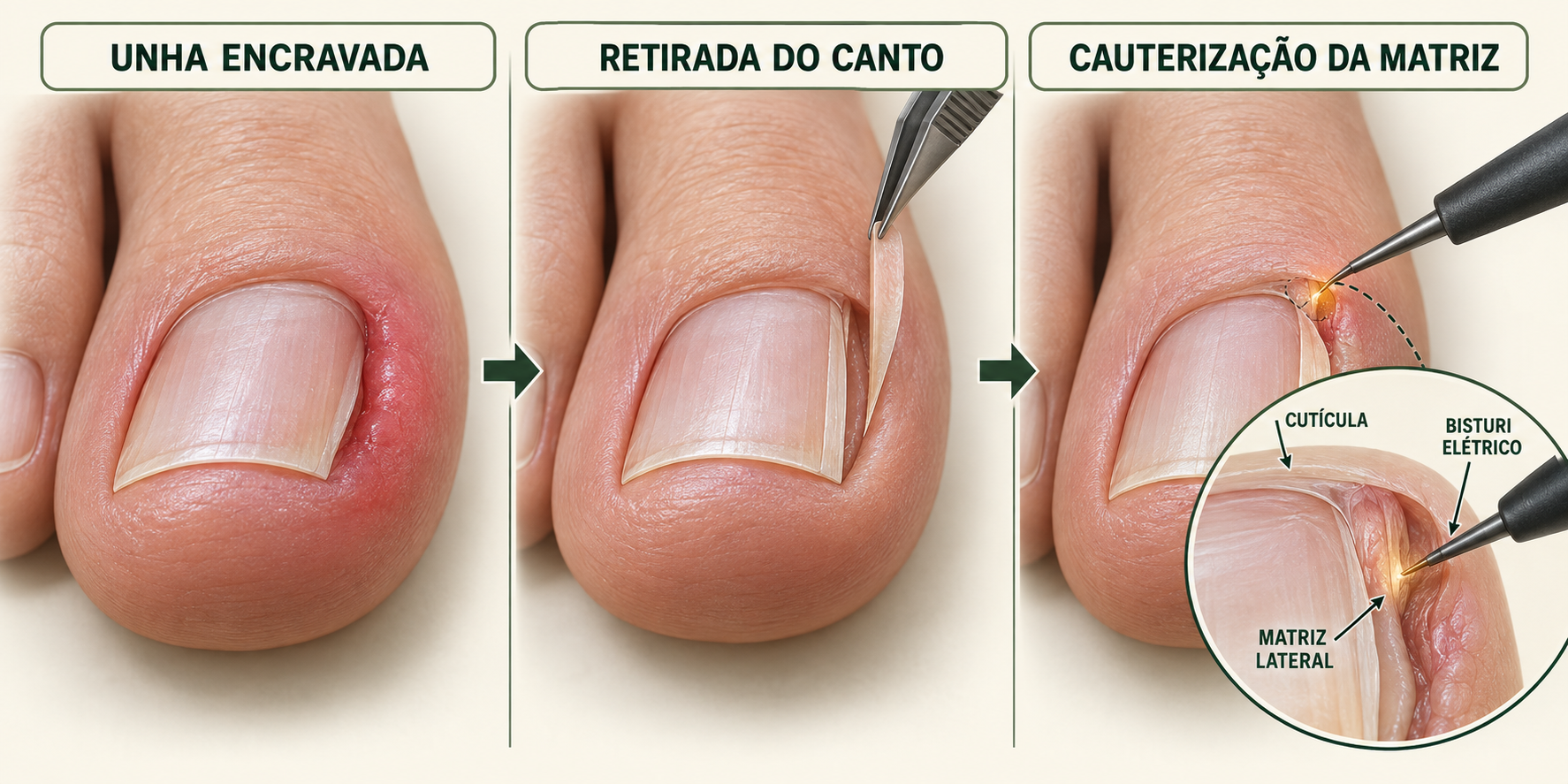 Cantoplastia com retirada da borda lateral e cauterização seletiva da matriz ungueal por bisturi elétrico