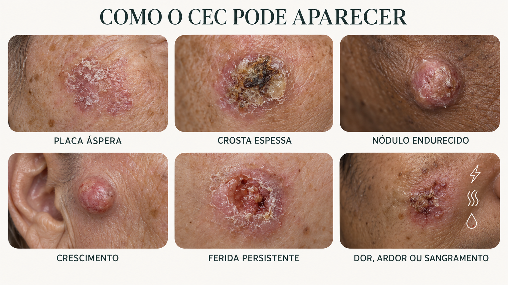 Exemplos ilustrativos de apresentações do carcinoma espinocelular: placa áspera, crosta espessa, nódulo endurecido, crescimento e ferida persistente.