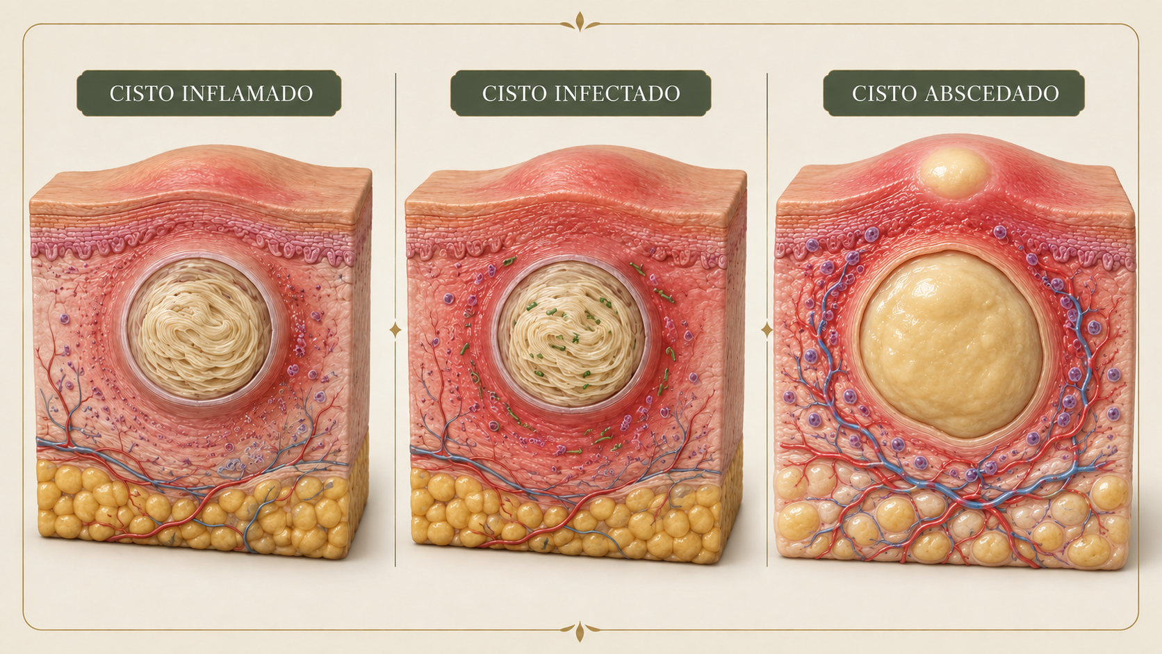 Ilustração médica 3D comparando cisto inflamado, cisto infectado e cisto abscedado com ponto de flutuação, edema da gordura e vasos sanguíneos dilatados.