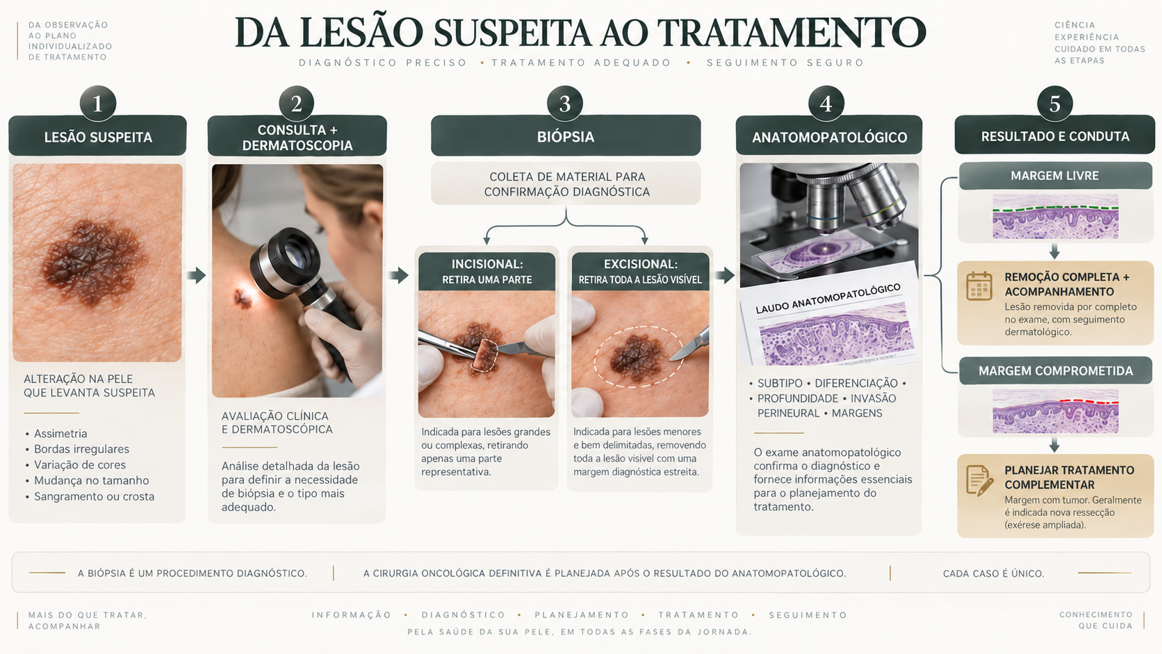 Fluxograma da avaliação de uma lesão suspeita: dermatoscopia, biópsia incisional ou excisional, anatomopatológico e conduta conforme as margens.