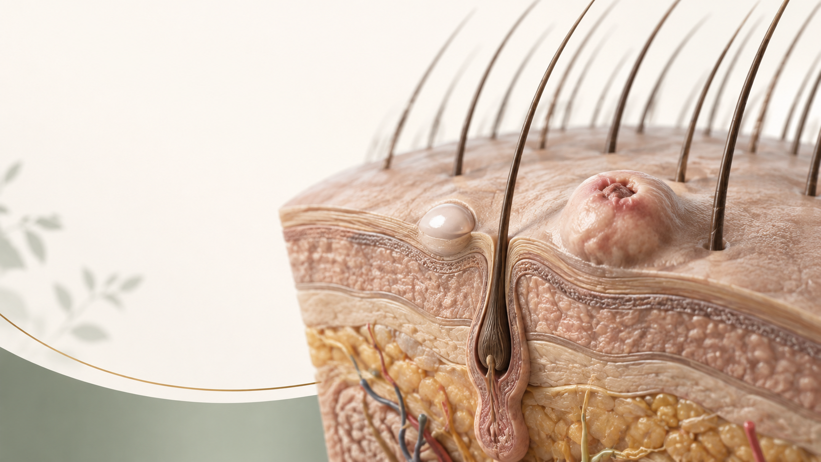 Ilustração médica 3D de couro cabeludo com nódulo habitual e alterações superficiais que justificam avaliação médica.
